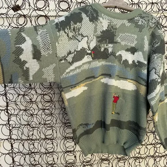 Vintage 80s Campus Green Golf Crewneck Sweater AOP Rare Acrylic Men's Size XL - Picture 4 of 9